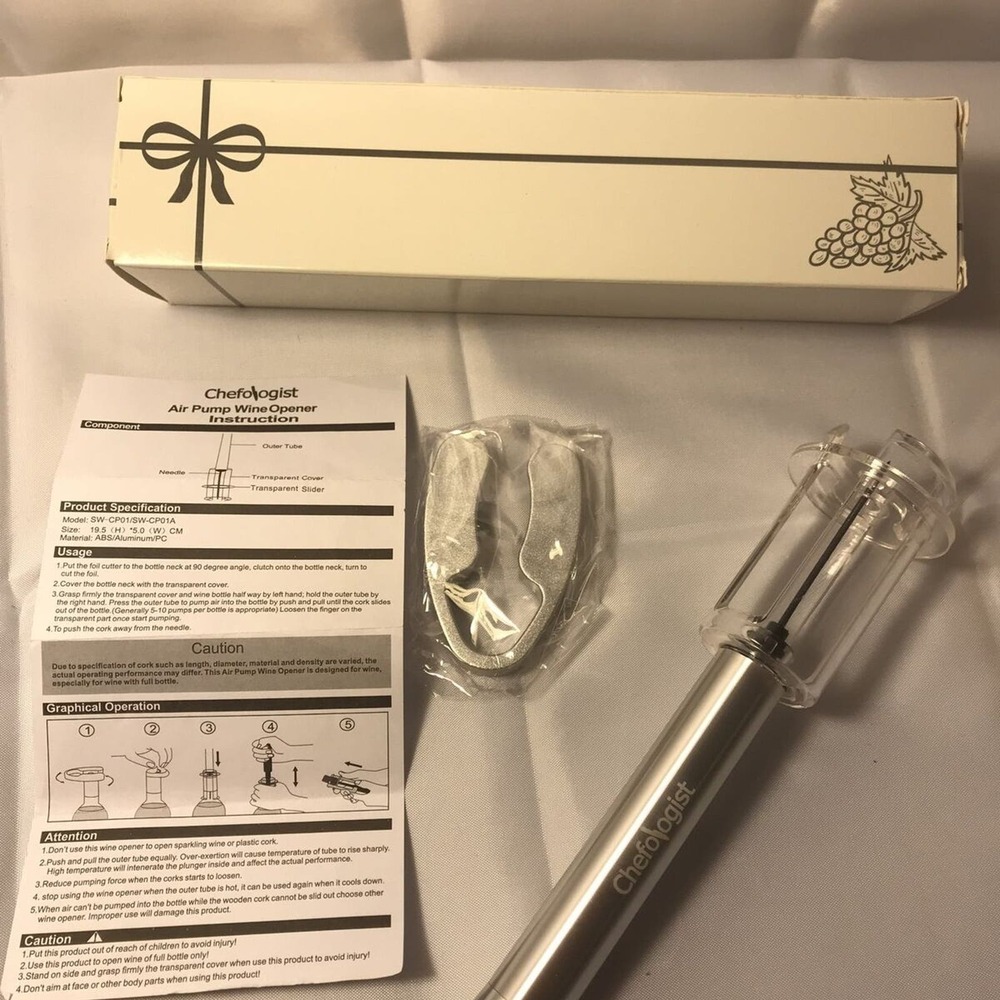 Chefologist New Silver Air Pump Wine Opener & Foil Cutter